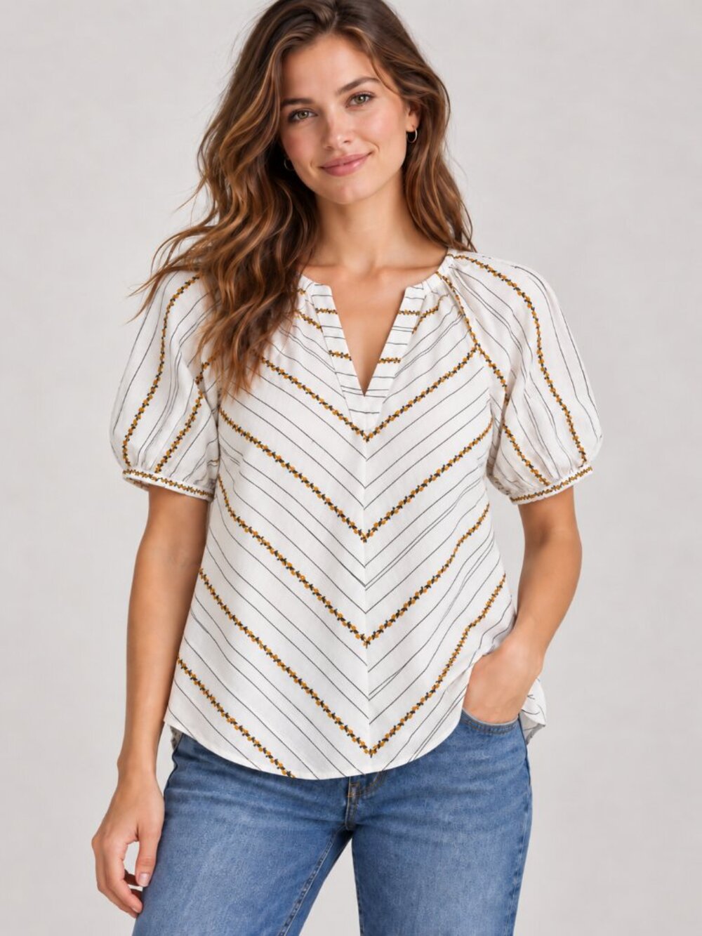 Maeve Anthropologie Embroidered Chevron Puff Sleeve Blouse Size 8
